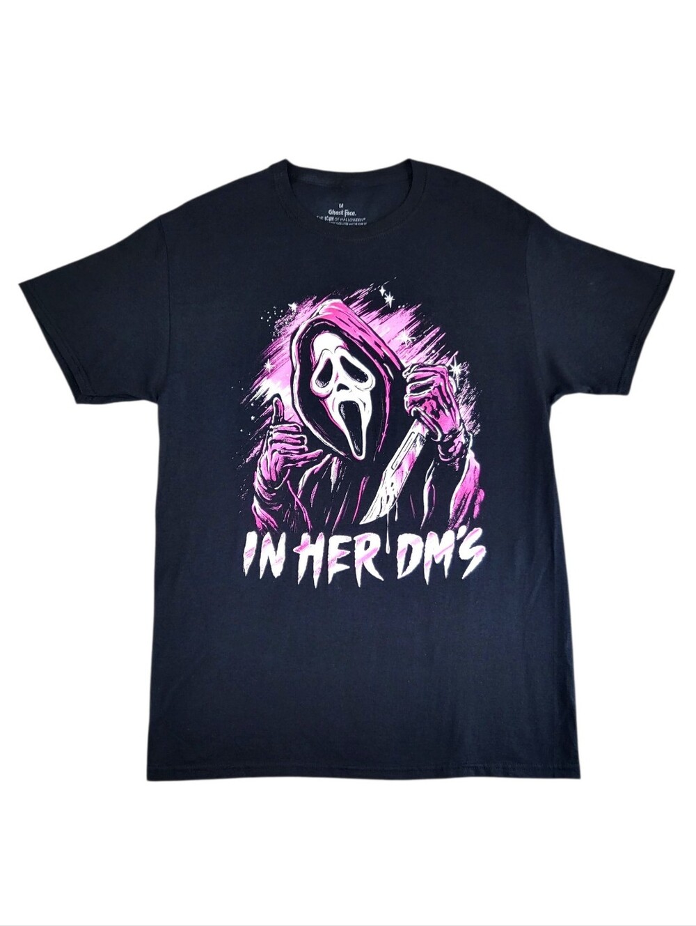 Ghost Face Scream In Her DMs Graphic Tee Black Horror Movie Spooky Size M NWOT
